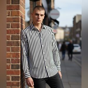 BACHRACH Men’s Dress Shirt Medium 39/40 15.5 Dark Charcoal Gray White Stripe